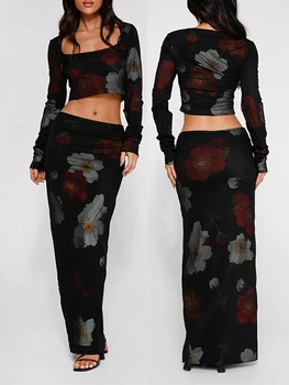Женский комплект юбок из 2 предметов, винтажный укороченный топ с цветочным принтом, длинным рукавом, квадратным вырезом и низкой талией, облегающая длинная юбка, осенний наряд Y2K