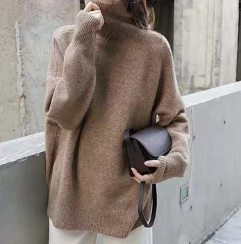 Женский однотонный минималистичный теплый пуловер с высоким воротом, свитер 2024, стиль для поездок на работу, ранняя весна, Универсальный базовый вязаный пуловер