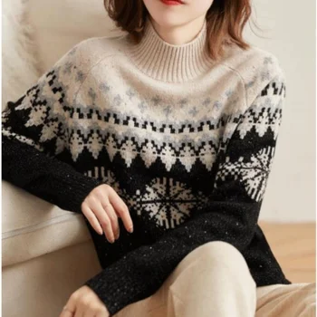 Женский свитер оверсайз, осень-зима, вязаные свитера с полувысоким воротником, длинный рукав, цветочный принт, Мягкий эластичный пуловер Для женщин
