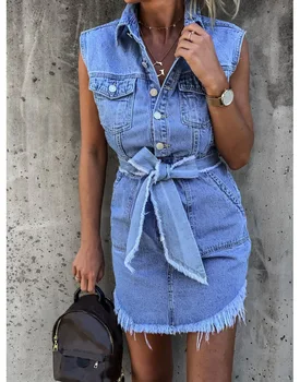 Женское джинсовое платье с рваными кисточками в стиле ретро, джинсовое платье в стиле колледжа, Лето 2021, без рукавов, пояс, Модная уличная повседневная одежда S-XL