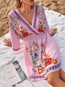 Женское мини-платье с цветочным принтом, V-образный вырез, рукава три четверти, повседневное богемное пляжное праздничное платье, женское платье трапециевидной формы, Новинка