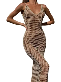 Женское прозрачное платье-накидка, вязаное крючком, без рукавов, с открытой спиной, платье-накидка в сеточку для пляжного отдыха
