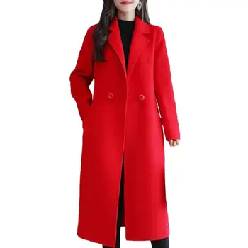 Женское шерстяное пальто Стильное женское шерстяное пальто С лацканами, длинным рукавом и карманами на двух пуговицах, осенне-зимний кардиган средней длины, верхняя одежда