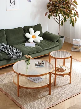 Журнальный столик в скандинавском стиле, круглый размер, вишневое дерево, стекло Чанхун, маленький круглый столик, японский приставной столик, небольшая бытовая квартира