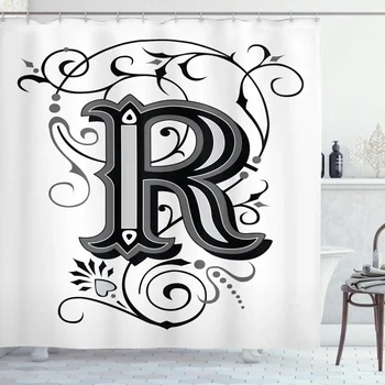 Занавеска для душа с буквой R, типография в стиле барокко под старину R со старомодными английскими аристократическими завитушками, тканевые наборы для декора ванной комнаты