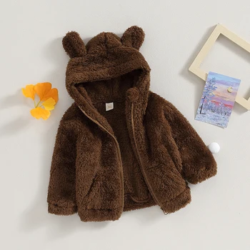 Зимнее пушистое пальто для маленьких девочек и мальчиков, куртка с капюшоном с 3D медведем, флисовые куртки на молнии, плюшевая теплая верхняя одежда