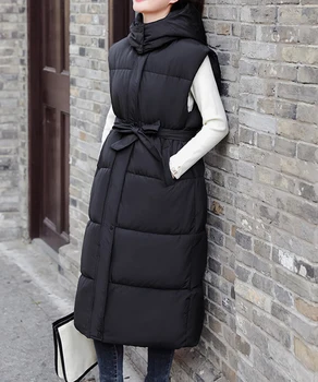 Зимняя куртка без рукавов с хлопковой подкладкой для женщин, пальто Миди, пуховый жилет, теплый элегантный черный длинный жилет с капюшоном, женское пальто