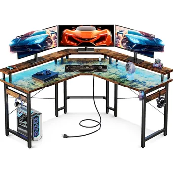 Игровой стол L-образной формы со светодиодной подсветкой и Розетками Питания, 51-дюймовый Компьютерный стол с Подставкой для монитора, Угловой стол с Подстаканником