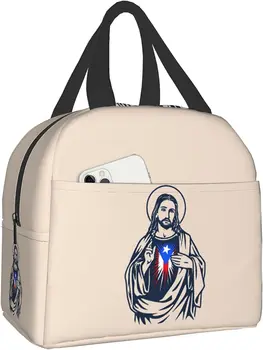 Изолированная сумка для ланча, Многоразовый термосумка-холодильник Puerto Rico Jesus, сумка-тоут с передним карманом для женщин, мужчин, путешествий, работы, пеших прогулок, пикника