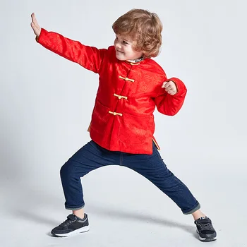 Китайская Новогодняя одежда Tang Детское пальто Hanfu Традиционная Китайская куртка на пуговицах, топ Qipao, рубашка для взрослых, Одежда Kong Fu