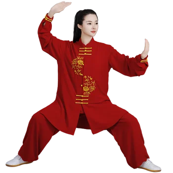 Китайская Традиционная одежда для тайцзицюань Осеннее Тренировочное платье из шелка и конопли Женская группа Ушу Утреннее представление Мужской тайцзицюань