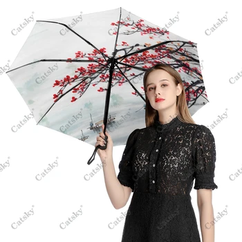 Китайский Пейзажный зонт Rain Women, Трехстворчатый Полностью автоматический зонт для защиты от солнца, инструмент для путешествий на открытом воздухе Parapluie
