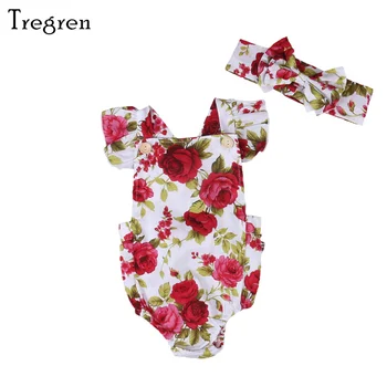 Комбинезон для новорожденных Tregren 0-24 м, комбинезон с длинными рукавами и цветочным принтом для маленьких девочек, повязка на голову, комплект одежды из 2 предметов, летняя одежда