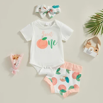 Комплект одежды для маленьких девочек 0-18 м, летний комбинезон с короткими рукавами для новорожденных, топы, короткие штаны с повязкой на голову, новинка 2023 года, детская одежда