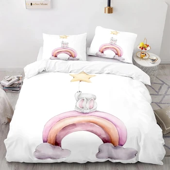 Комплект Постельных Принадлежностей Rainbow Bunny Single Twin Full Queen King Size Kawaii Girl Bed Set Aldult Kid Bedroom Наборы Пододеяльников для Пуховых Одеял С 3D Принтом
