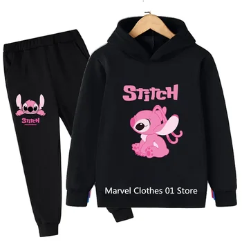 Комплект толстовки с капюшоном Kawaii Pink Stitch для детей от 2 до 13 лет, спортивные костюмы для мальчиков, детские брендовые спортивные костюмы, толстовка Stich, топы + брюки, комплект из 2 предметов