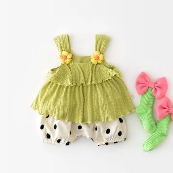 Комплекты летней детской одежды от 0 до 3 лет, Корейские модные топы с цветочным принтом и хлопковые шорты в горошек, Маленькие свежие костюмы из двух предметов для девочек