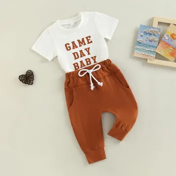 Комплекты Летней одежды и брюк для новорожденных мальчиков 2023 года, футболка с коротким рукавом и буквами, однотонные брюки с эластичной резинкой на талии от 0 до 3 лет
