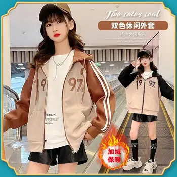 Корейская Осенне-Зимняя утепленная верхняя одежда для школьниц, пальто с контрастным принтом на шнурках для девочек-подростков, теплая куртка для девочек
