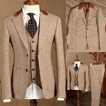 Коричневые клетчатые костюмы для мужчин, 3 предмета, формальный Классический приталенный свадебный смокинг жениха, деловой повседневный мужской костюм для выпускного вечера (куртка + жилет + брюки)