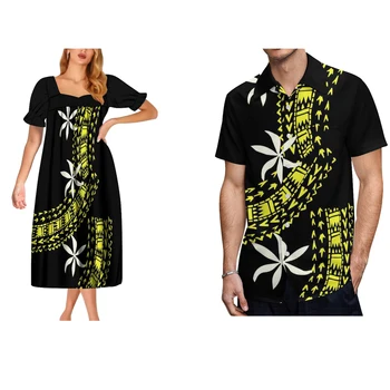 Костюм для пары в стиле полинезийского племени с рисунком в винтажном стиле, платье с пышными рукавами, мужская рубашка, костюм для пары