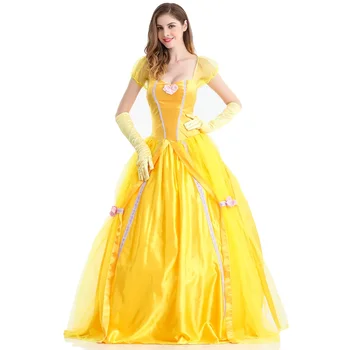 Красавица и Чудовище, Желтое длинное платье с колокольчиком, костюм Принцессы на Хэллоуин, платье для Маскарада, Карнавал, костюм для ролей взрослой Красавицы