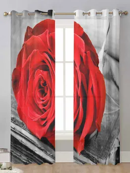 Красная роза на потертой книге Прозрачные шторы для окна гостиной Прозрачная Вуалевая тюлевая занавеска Cortinas Шторы для домашнего декора