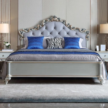 Кровать из массива дерева с резьбой в стиле ретро в главной спальне, роскошные простыни европейской принцессы, двуспальные.