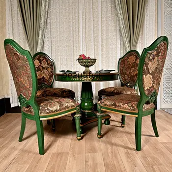 Круглый обеденный стол и стул в американском стиле Кантри, потертый обеденный стул из массива дерева, ретро-зеленая Ручная роспись с золотым контуром