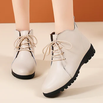 Лаконичные женские ботинки Осень-зима, натуральные теплые зимние ботинки на плоской подошве с круглым носком, Трендовая Комфортная обувь на платформе