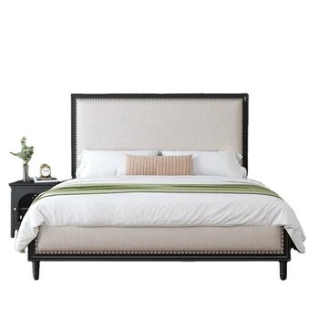 Легкая двуспальная кровать из массива дерева в стиле ретро, легкая роскошь и простота, черная вилла в античном стиле, мягкая кровать с высокой спинкой