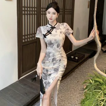 Летнее платье в стиле ретро Republic Улучшенное плиссированное платье с разрезом и принтом Cheongsam Qipao Young для женской одежды