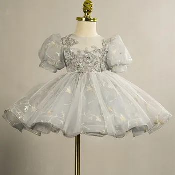 Летнее платье принцессы для девочек, детские сетчатые платья-пачки с пышными рукавами, детская одежда для дня рождения с блестящими пайетками, свадебное платье