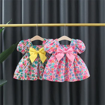 Летнее платье с короткими рукавами для девочек, маленькое платье с квадратным вырезом и бантом в виде ракушек, платье с рукавами-пузырями