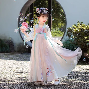 Летнее тонкое платье в стиле феи для девочек Hanfu, детская старинная одежда в стиле супер феи, высококачественная юбка с коротким рукавом Ru