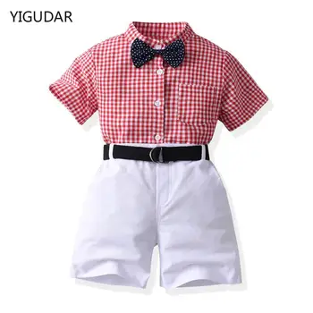 Летний детский строгий костюм для мальчика с коротким рукавом, рубашка + брюки на подтяжках, повседневная одежда, джентльменский комплект, 2 шт.