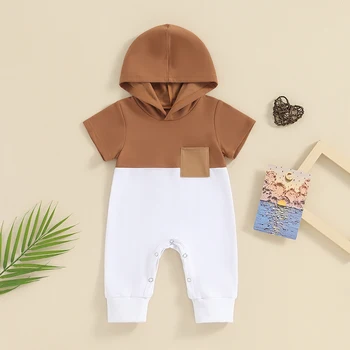 Летний Комбинезон для новорожденного мальчика контрастного цвета С коротким рукавом и карманом, Комбинезон с капюшоном, боди, Милая одежда для новорожденных