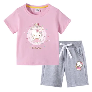 Летняя Детская Хлопковая футболка Hello Kitty из двух предметов с мультяшным принтом + Брюки Для мальчиков И девочек, Брючный костюм с короткими рукавами