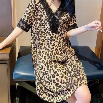 Летняя женская ночная рубашка с леопардовым бантом и V-образным вырезом, свободное домашнее платье