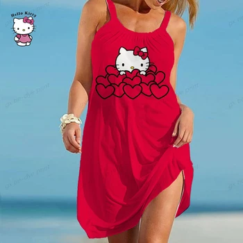 Летняя модная сумка, модное пляжное платье для вечеринки с рисунком Hello Kitty, Милый мультяшный принт, Сексуальное Свободное платье без рукавов для ночного клуба