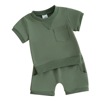 Летняя одежда для малышей и мальчиков Однотонная одежда Футболка с короткими рукавами для новорожденных Комплект стрейчевых шорт для бега трусцой