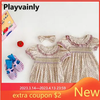 Летняя одежда для семьи, боди с воротником в стиле пэчворк, Маленькое платье принцессы в цветочек, одежда для сестер-близнецов E9439
