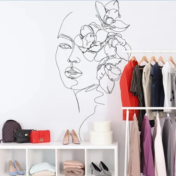 Линейный рисунок, наклейка на стену с цветочным изображением женского лица, спальня, гостиная, сексуальная красота, маникюр, спа-салон, наклейка на стену, виниловый домашний декор