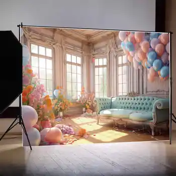 ЛУНА.QG Background Детская гостиная на день рождения, цветы, диван, фон из воздушных шаров, винтажная стена с текстурой мрамора, фотобудка для комнаты