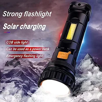 Многофункциональный светодиодный фонарик на солнечной батарее, водонепроницаемый, с аварийным стробоскопом, USB-кабель для зарядки, быстрая зарядка, прочный