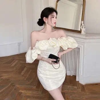 Модное вечернее платье, женское роскошное легкое платье принцессы в рыбьей косточке с открытыми плечами, французское сексуальное женское мини-платье