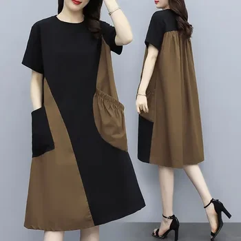 Модное Контрастное сращивание Новой женской одежды в Корейском стиле, круглый вырез, Двойные карманы, Плиссированное Свободное платье средней длины ZL35