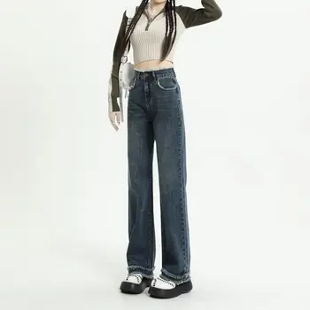Модные джинсы большого размера в американском ретро стиле с прямыми штанинами, женские весенне-осенние облегающие джинсы с высокой талией и широкими штанинами, джинсы