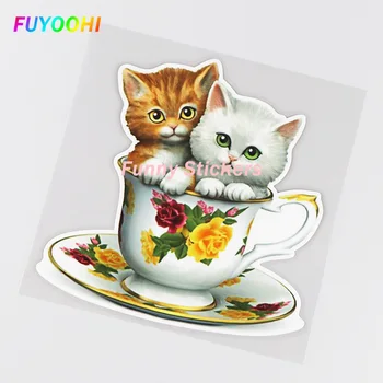 Модные наклейки FUYOOHI для экстерьера/защиты, реалистичные наклейки с изображением милой чайной чашки и мультяшного кота, автомобильные аксессуары для украшения царапин