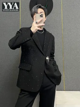 Модный мужской черный пиджак Весна Осень Уличный дизайн с длинным рукавом на одной пуговице Свободного покроя Повседневный блейзер Пальто Топы Мужские